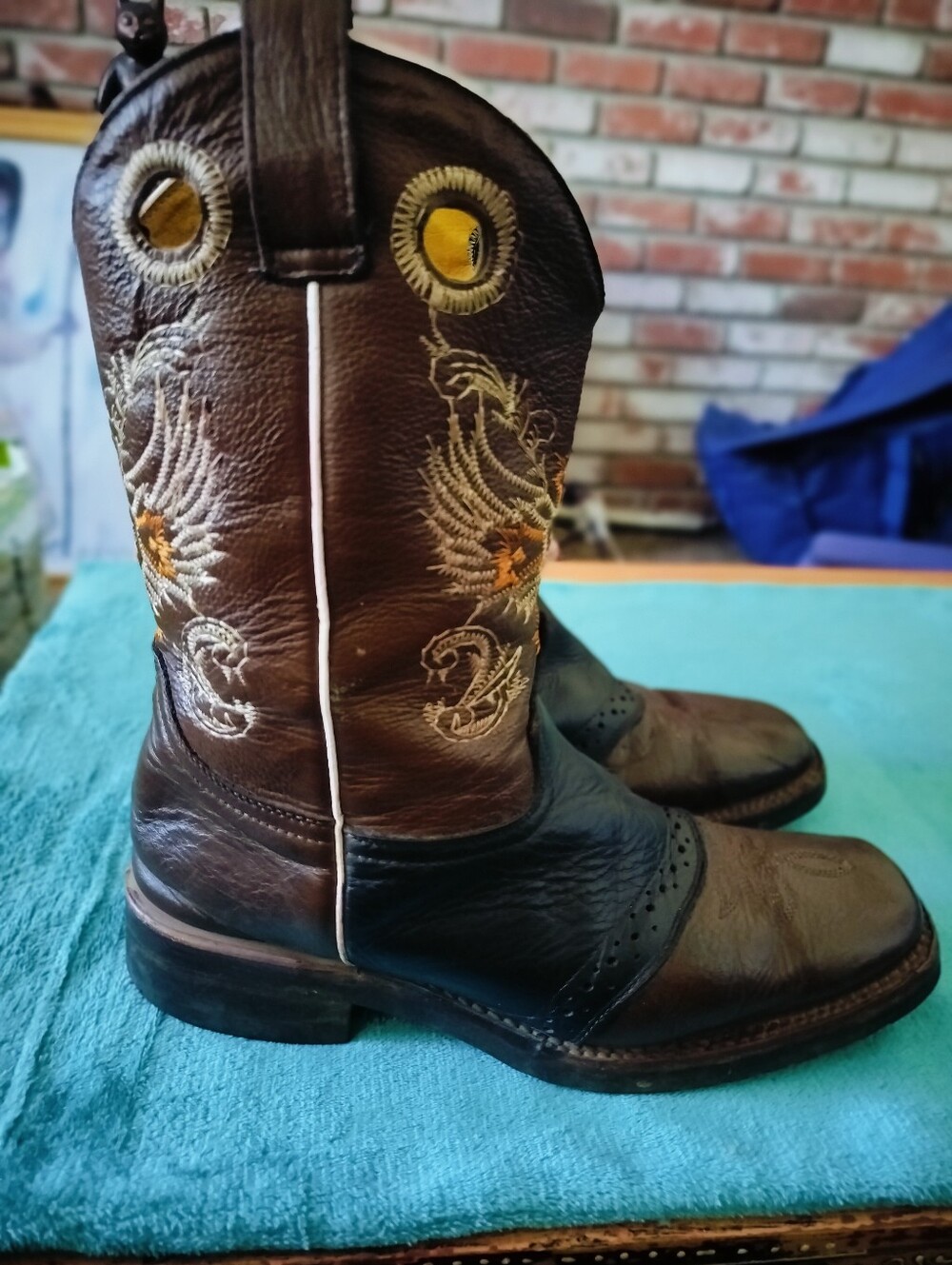 Potrero Mexican Leather Western Boots Brown Black Embroidered Size Men 9